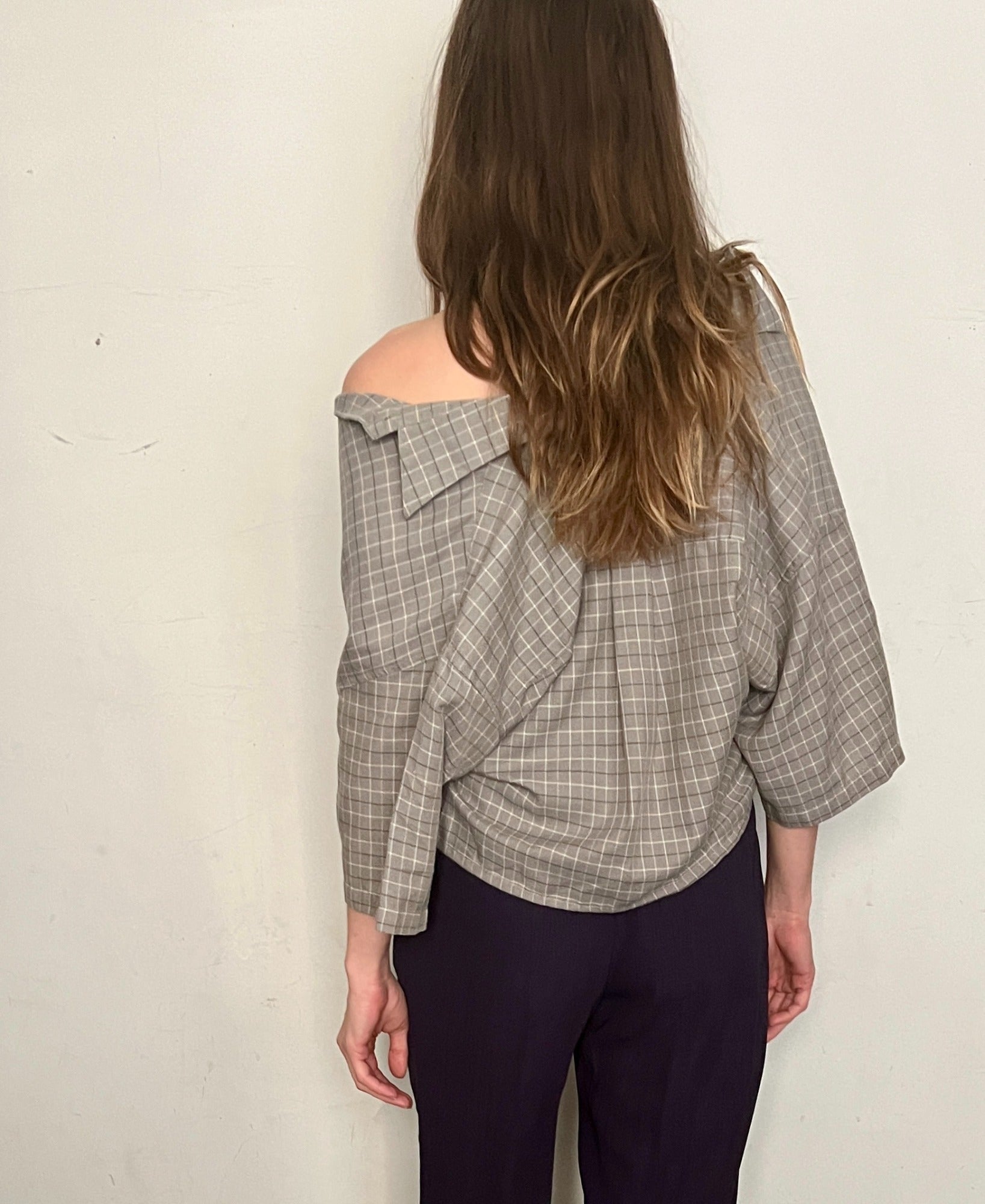 CUSTOM CROPPED BUTTON DOWN, TAUPE PLAIDS