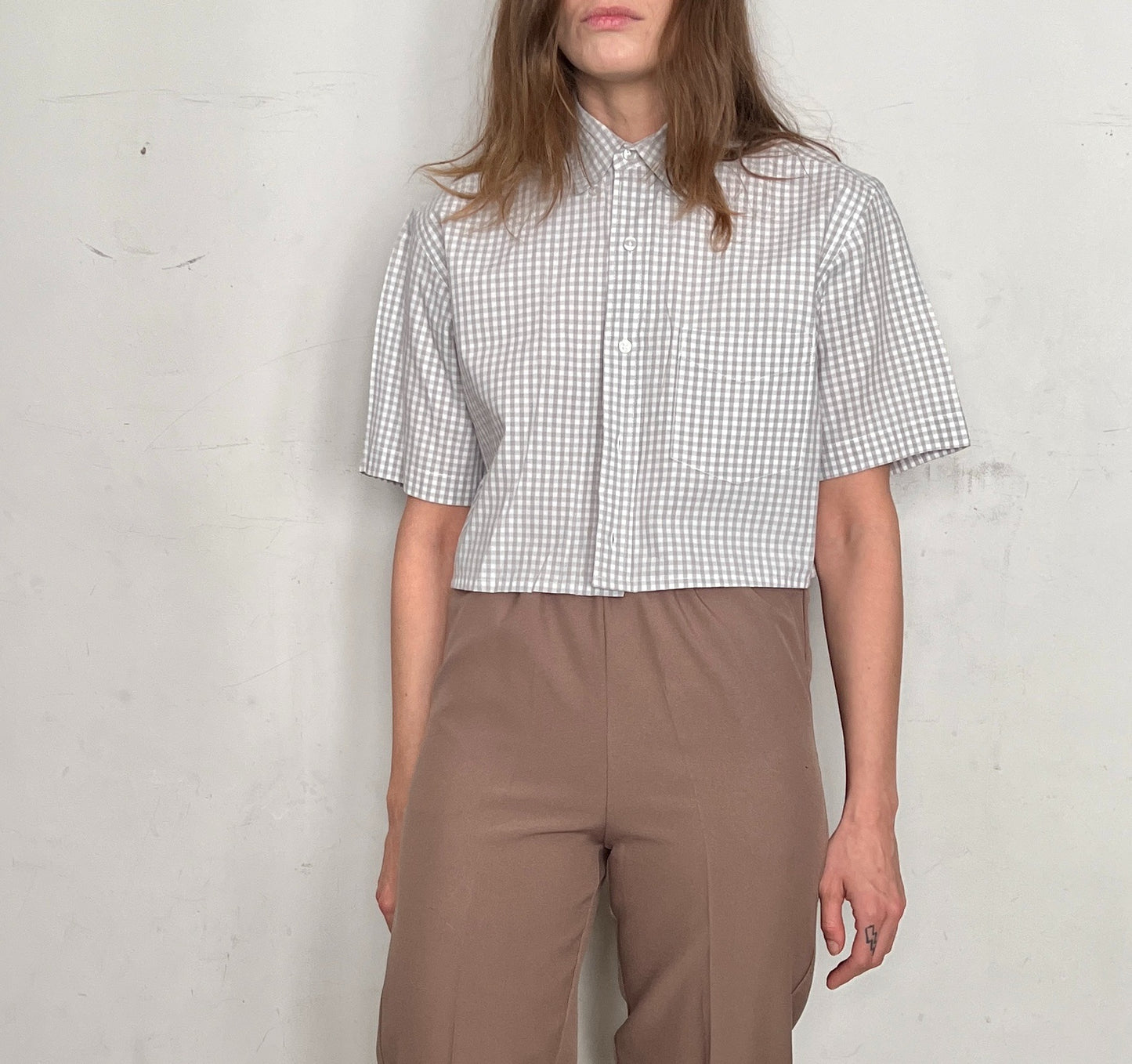 CUSTOM CROPPED BLOUSE, WHITE/GRAY GINGHAM