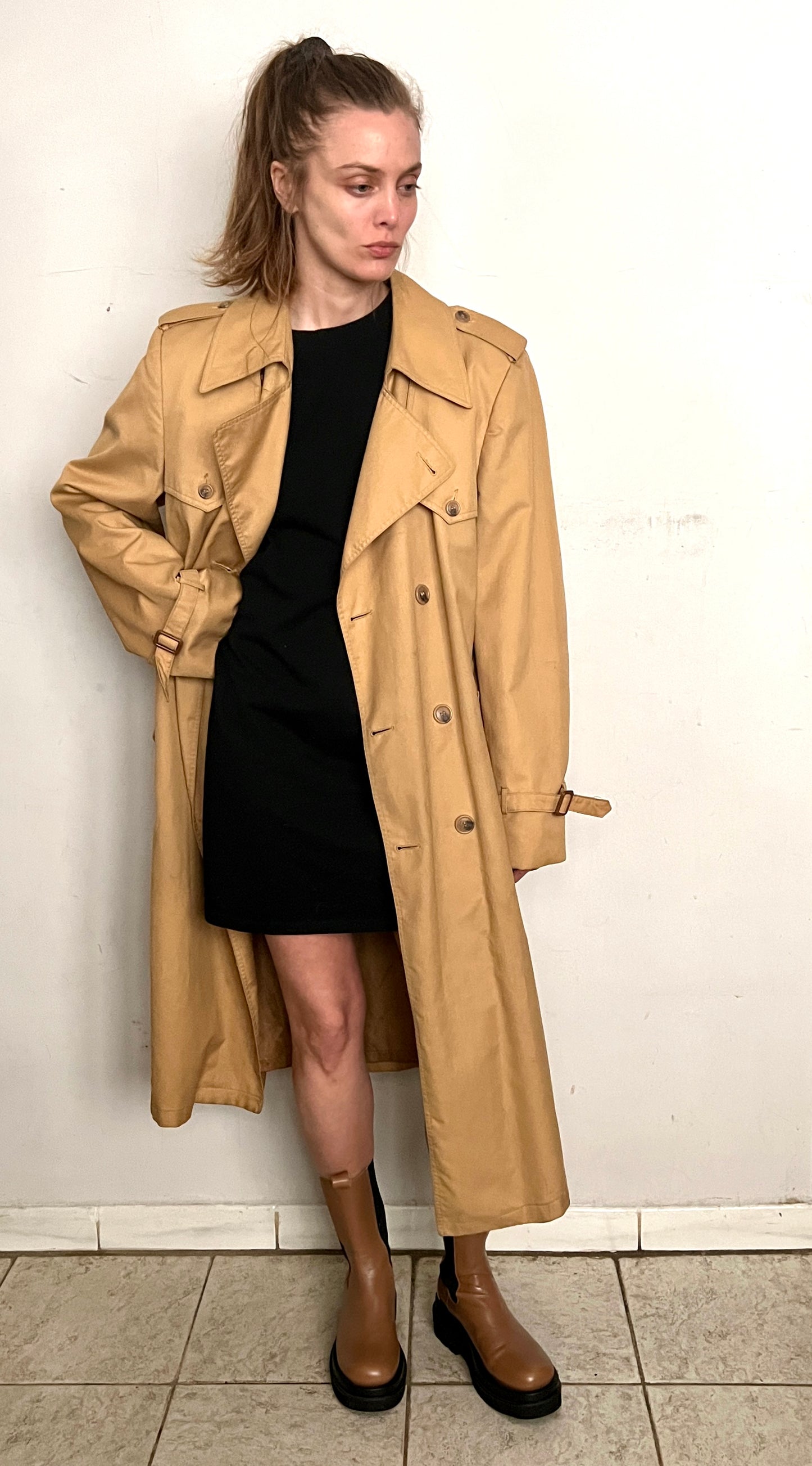 70S CHRISTIAN DIOR OVERSIZED TRENCH, BUTTER BRITTLE