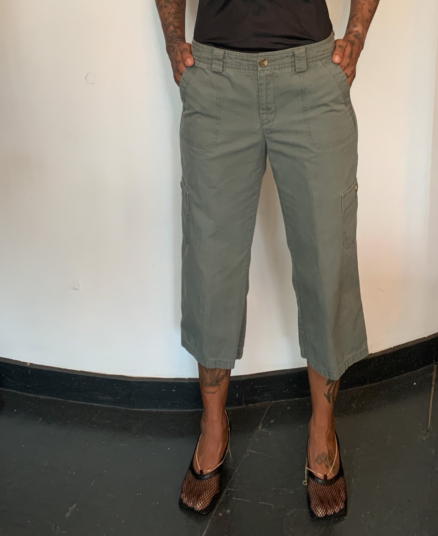 CROPPED DENIM TROUSERS, GREEN CARGO