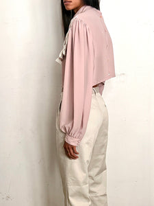 CUSTOM HIGH NECK BLOUSE, TAUPE CREPE